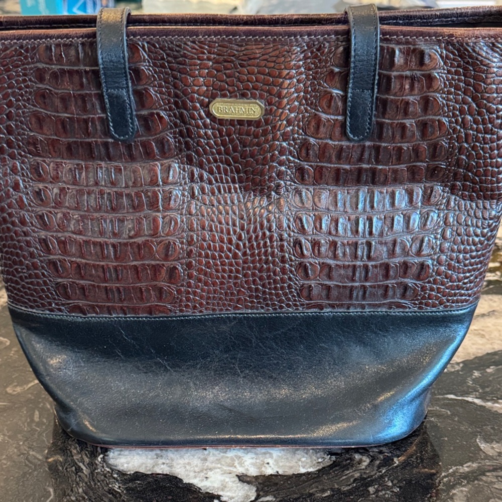 Brahmin Croc-Embossed Brown and Black Tote
